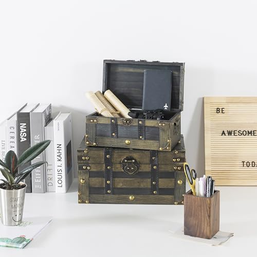 Soul & Lane Wooden Treasure Chests - Set of 2, Antique Storage Trunks, Decorative Wood Storage Boxes with Hinged Lids for Keepsakes and Home Décor