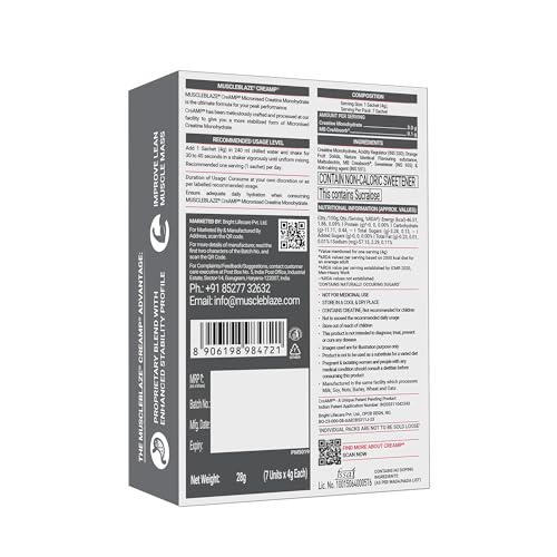 Image of MuscleBlaze Micronised Creatine Monohydrate CreAMP Powder, 7 Sachets | Lychee Swirl | Trustified Certified Creatine