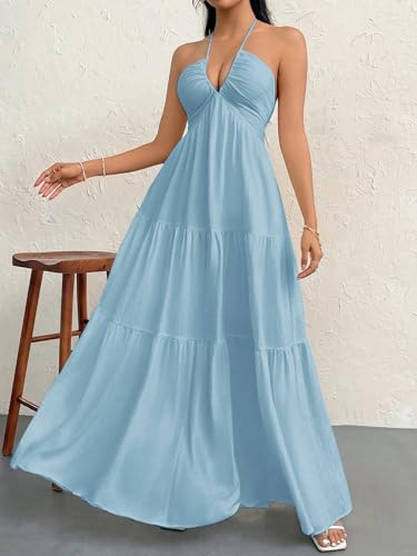 Image of Narecte Women's Maxi Summer Dresses Halter V Neck Beach Dresses for Women A-Line Casual Dress for Vacation
