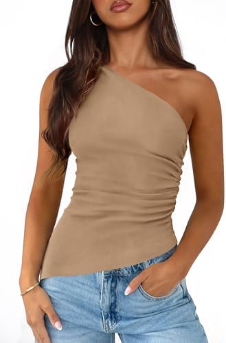 PRETTYGARDEN Women's One Shoulder Sleeveless Ruched Knit Asymmetrical Tank Top