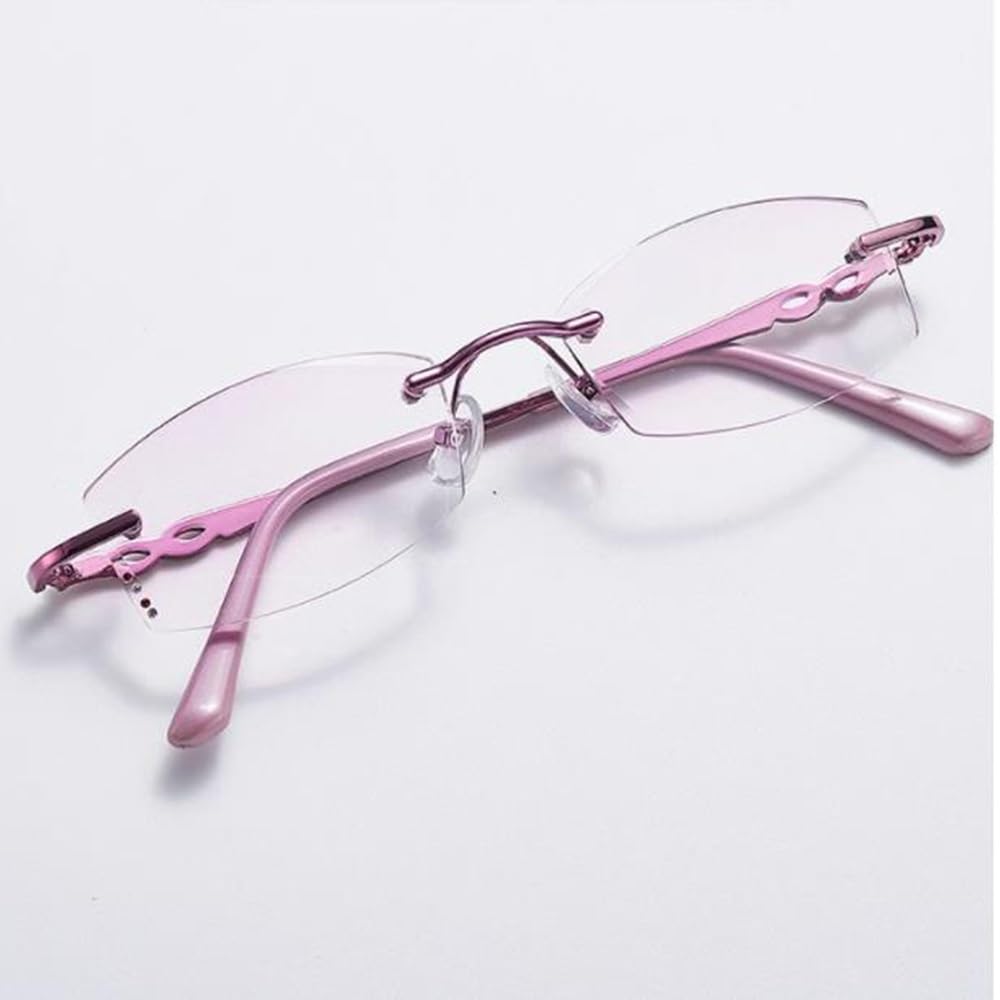 Gafas De Lectura Sin Marco Mujeres Moda Gafas de computadora Corte de diamante Gafas Anti Glare Metal Morado Templos +3.0