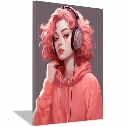 Portrait abstrait féminin casque cheveux roses cadre moderne 40x60