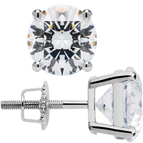 14K Solid White Gold Stud Earrings | Round Cut Cubic Zirconia | Screw Back Posts | 3.34 CTW | With Gift Box