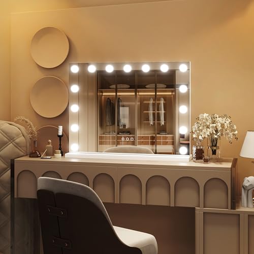 Image of ROLOVE 23 inchx18 inch Hollywood Vanity Mirror with Lights, 15 Dimmable LED Bulbs, led Makeup Mirror with 3 Color Modes, Lighted Vanity Mirror for Tabletop or Wall-Mounted