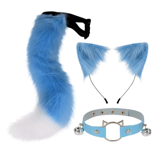 Rrongwn Cerchietto per capelli da donna con orecchie di gatto, per cosplay, costume da donna, in peluche, in metallo, con orecchie da volpe, con collana a cuore, cerchietto per capelli, h, M