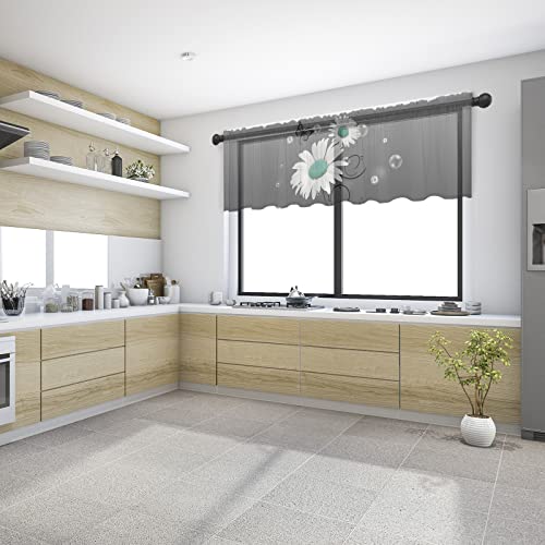Sheer Valance, Daisy Butterfly Bubbles Valance Curtains For Kitchen Bathroom, Rustic Teal Blue Grey Voile Window Curtain Tier Linen Semi Window Treatment Rod Pocket Valance, 1 Panel 54X18 Inch #TOP3