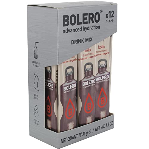 Bolero KOLA 12x3g | sockerfri pulverdryck sötad med Stevia | Vitamin C | för diabetiker, veganer och idrottare | smaken av cola