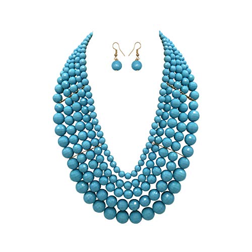 5 Layered Beaded Statement Chunky Necklaces For Women - Multi Strand Colorful Bead Layered Bib Necklace For Women Fashion Jewelry Costume Earring Set (Light Blue)