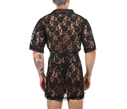 Hksichengkeji Men Sexy Lace Bathrobe Floral Mesh Lingerie Transparent Belted Sleepwear Ultra-Thin Pajamas Suit Nightgown Kimono Robe Unisex #TOP2