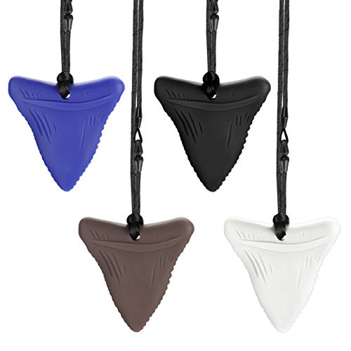 LINGSFIRE Jouet à Mâcher Collier 4 Pièces Requin Pendentif de Dentition pour Bébés Enfants Colliers, collier de dentition pendentif à mâcher pour autisme TDAH bébés qui font des dents moteur sensoriel