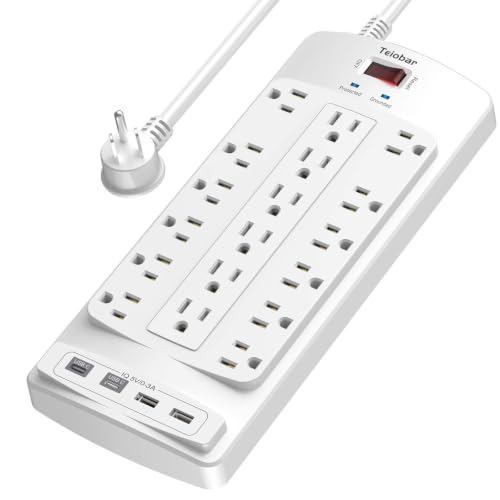 Image of 18 Outlets Surge Protector Power Strip - Teiobar 6 Feet Flat Plug Heavy Duty Extension Cord with 18 Widely Outlets and 4 USB Ports, 2100 Joules, White, ETL Listed