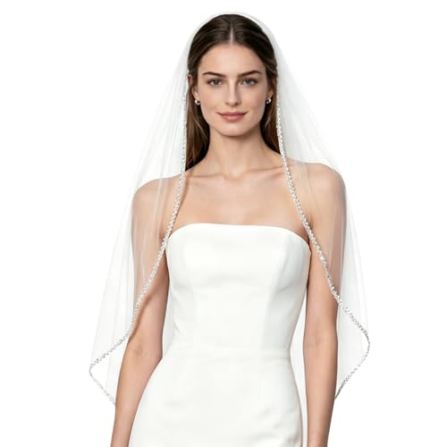 GAODESI Wedding Veil Pearls and Crystals Beaded Edge 1 Tier Fingertip Length Bridal Veil