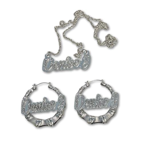 MIRROR MANIA Custom Name Plate Jewelry Set | Name Plate Necklace and Bamboo Hoop Earrings | Gold or Silver | Silver Diamond Script Letters | Background Color Choice | Crafted in CT, USA.