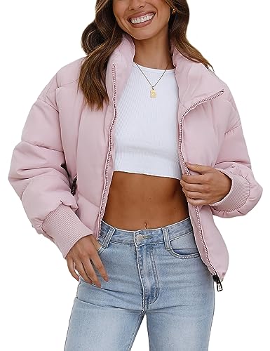 UANEO Puffer Jacket Womens Oversized Cropped Puffy Quilted Winter Jackets Coat (Pink-L)