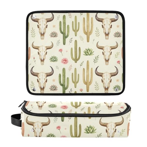 Organizador para herramientas de cabello 2 en 1 y alfombrilla resistente al calor con cierre impermeable para planchas y accesorios de cuidado capilar con diseño de calavera de toro occidental y cactus miniatura 3