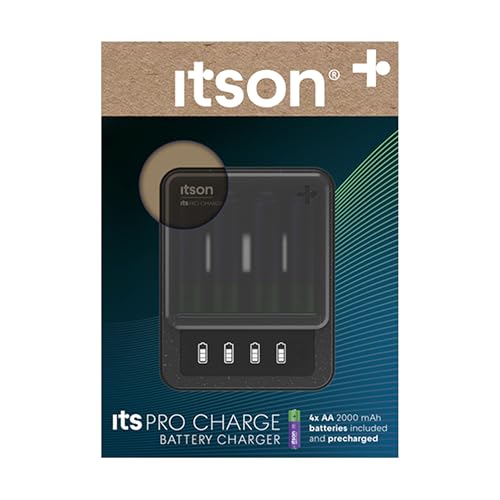 itson, itsPRO Charge Cargador de Pilas Ni-MH de USB-C a USB-C, 4 Pilas AA (2000 mAh) Incluidas, Tiempo de Carga 4:45 h, Pantalla LCD, detección de celda alcalina/defectuosa, Modo de Ahorro de energía