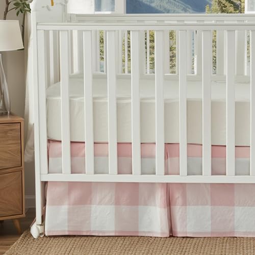 Image of Brandream Cotton Crib Skirt Gingham Tailored, Baby Boy, Baby Girl, Gender Neutral Crib Skirt, Toddler Bedskirt Chic Farmhouse Nursery Crib Bed Skirt, Bohemian Light Pink Plaid Gingham Dust Ruffles