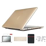Se7enline Macbook Air Case Cover Sleeve 5in1 Set Accessories for 13 inch Macbook Air model A1369/A1466 Hard Shell with Soft Sleeve Bag, Rubberized Keyboard Cover, Screen Protector, Dust plug, Gold