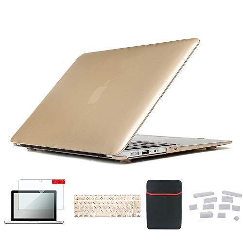 Se7enline Compatible with MacBook Air Case Cover Sleeve Accessories for 13 inch MacBook Air Model A1369/A1466 Hard Shell with Sleeve Bag, Rubberized Keyboard Cover, Screen Protector, Dust Plug, Gold