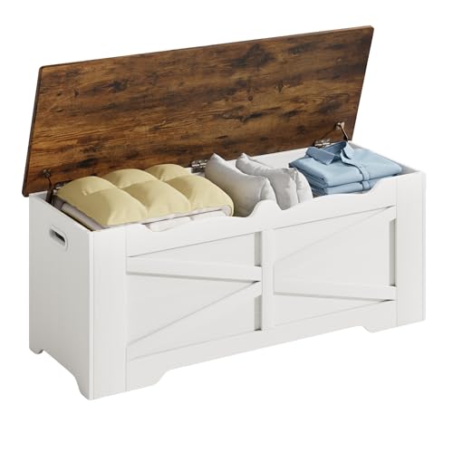 Cibert Storage Trunk, 47.2' Large Storage Bench for Bedroom, End of Bed Storage Bench with Lift Top, Engineered Wood Storage Chest for Entryway Living Room Hallway, 2 Safety Hinges, White + Walnut