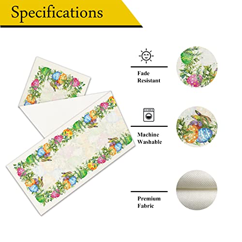 Whomeaf Spring Happy Easter Bunny Table Runner Colorful Eggs Burlap Table Runners Green Leaves Cute Rabbits Spring Seasonal Kitchen Dining Decor For In/Outdoor Home Party Holiday 13X72 Inch #TOP4