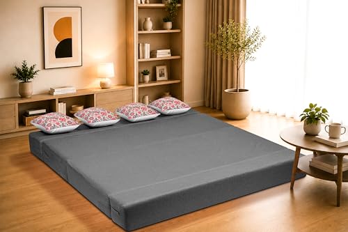 Image of Four Seater Sofa Cum Bed Jute Fabric 6 X 6 Ft| Space Saving Foldable Sofa Bed for Living Room & Guest Room | Comfortable Multi-Functional Furniture - Grey