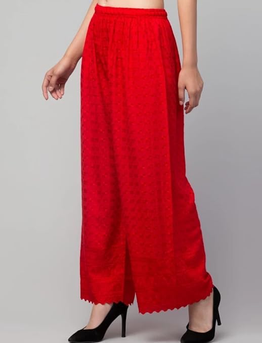 Image of Women's Palazzo Pants Rayon Trousers Chikankari Embroidered Lace Trim Wide Leg Straight Fit Flared Palazzo for Girls & Women