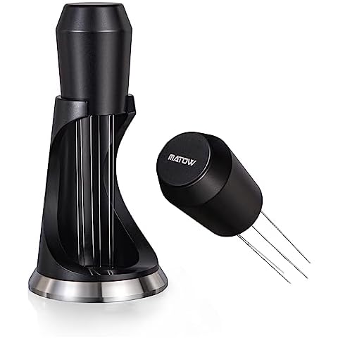 WDT Espresso Distribution Tool, MATOW 6 Prongs Coffee Needle Distribution Tool with Stand - Needle Espresso Distribution Stirrer - 0.4mm Thick Wires - Anodized Aluminum Handle and Stand Cover