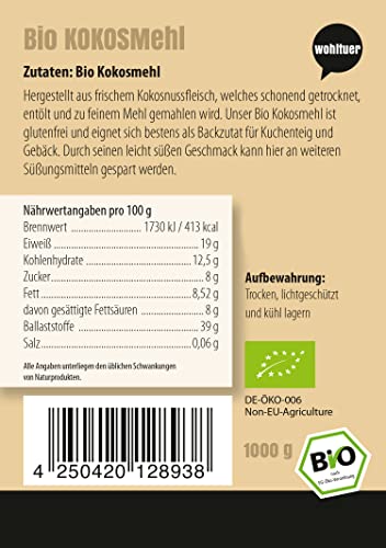 Foto von Wohltuer Bio Kokosmehl geprüfter Bio-Qualität, 1kg - In Rohkostqualität - Von Kleinbauernkooperative in Permakultur erzeugt