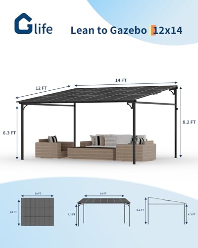 12x14ft Wall-Mounted Lean-to Gazebo, Aluminum Frame & Polycarbonate Roof - Outdoor Patio Cover for Deck, Yard, Party (UV-Resistant & All-Weather)