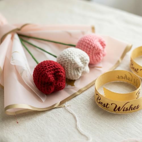 Image of HindCraft Handmade Crochet Tulip Flower Bouquet | Red White Pink Knitted Tulip Bouquet | Artificial Forever Flowers Gift for Birthday Anniversary Valentine Home Decor