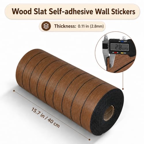 Image of Peel and Stick Wood Slat Wall Panels, Teak, 236 x 15.7 in | 3D Fluted, PVC Paneling for Accent Wall, Ceiling, Living Room, Office, Bedroom