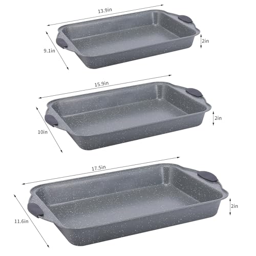 Anveena 3-Piece Nonstick Kitchen Oven Baking Pans - Premium & Stylish Non-Stick Steel, Commercial Grade Restaurant Quality Metal Bakeware with Red Silicone Handles - Easy to Clean gray — view 2