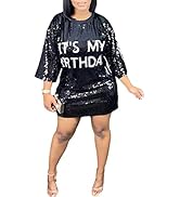 ENOPINK Womens Sequin Glitter Shirt Dress - Sexy Floral Letter Print 3/4 Sleeve Mini Dresses for ...
