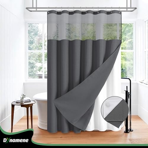 Dynamene Fabric Shower Curtain with Snap in Liner, Waffle Hotel Shower Curtains for Bathroom, Washable Waterproof Cloth Shower Curtain Liner Set with Hook, Mesh Top Window, 72x72, Charcoal Grey by Dynamene - Used condition - Image 7