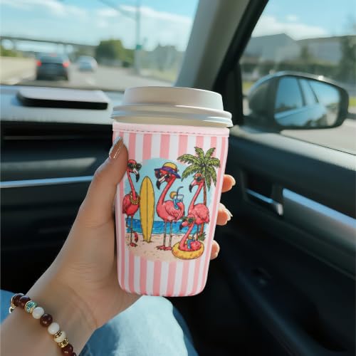 Image of Reusable Insulated Sleeve for Iced Coffee Cup, Coffee Neoprene Sleeve for Cold & Hot Drinks, Beverage Holder for Iced Coffee (Flamingo Stripes, Large: 32oz)