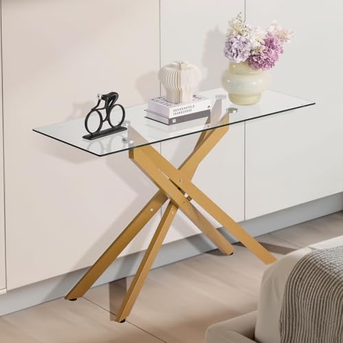 VEVOR Glass Coffee Table, Modern Rectangle Sofa Side Table with Tempered Glass Top & Iron Cross-Legs, Golden Geometric Consloe Desk with Adjustable Anti-slip Foot Pads for Living Room, Entryway, Foyer by VEVOR - Used condition - Image 2