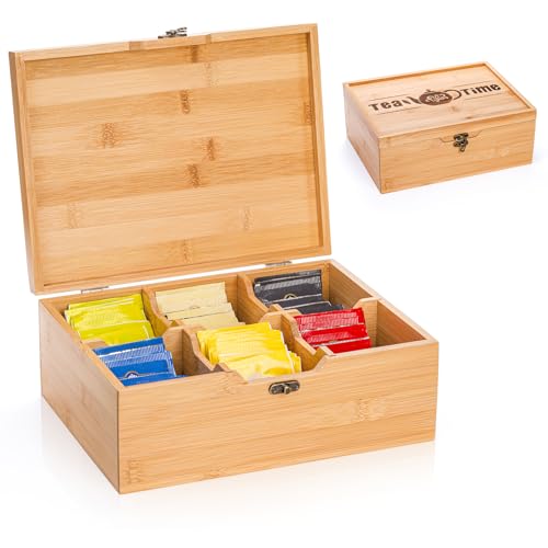 Lyellfe Tea Organizer Box, Bamboo Tea Bag Holder with Lid, Multi-purpose 6-Compartment Coffee Condiment Holder Storage Caddy for Home, Office, Café