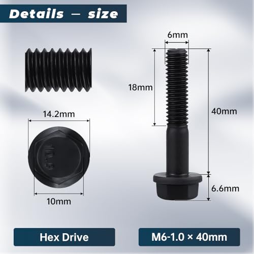Image of Glvaner M6-1.0 x 40mm (25 pcs) Alloy Steel Flanged Washer Head Hex Bolts, Extra-Large Washer Head, 10.9 Grade Black Oxide Finish GB5789 Partial Thread
