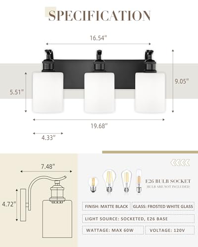 Image of Black Vanity Light, 3-Light Bathroom Light Fixture, Modern Wall Sconce with Milk Glass, VL01BKW-3
