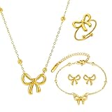 XFSRG 4 Piezas Conjuntos de Joyas para Mujer y Niñas Elegante Oro Lazos Acero Inoxidable Juegos de Joyas Collar Pendientes Anillos Pulsera Juegos de Joyería Regalos