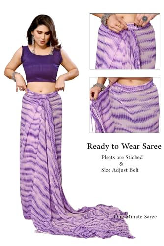 Image of ROOP SUNDARI SAREES Readymade Pleated Pre Drape Stitched Floral Printed Georgette Saree For Women's With Lace Border & Blouse(Ready To Wear One Minute)
