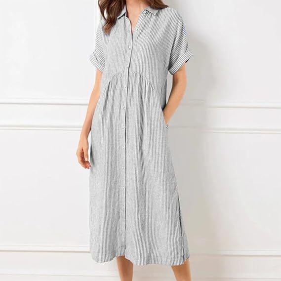 2025 New Summer Striped Lapel Button Down Shirt Dress with Functional Pockets Loose Beach Cover Up4
