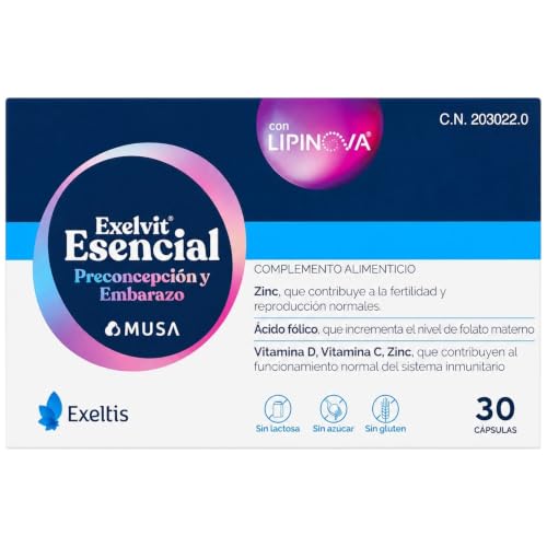 Exeltis Exelvit Esencial 30 Cápsulas - Suplemento Preconcepción y Embarazo - Ácido Fólico Activo, Hierro Ferronyl, Zinc y Omega 3 (Lipinova) - Apoyo a la Fertilidad Femenina y Desarrollo Fetal