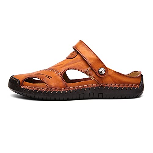 Men's Leather Sandals Casual Waterproof Closed Toe Sandals for Men Fisherman Sandals Anti-Slip Slippers Sandals (Yellow Brown)2