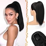 BARSDAR Liso Coleta Postiza Extensiones Pelo, 40cm Corta Liso Negro Cola de Caballo Extension con Cordón Natural Sintética Cheer Posh Ponytail Extensiones Postizos Fiestas Diarias Cheer Competition