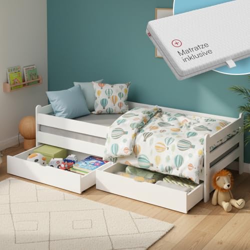 Bellabino Kuru Kinderbett 90x200 cm – Jugendbett mit 2 Schubladen - Kinder Bett mit Matratze, Rausfallschutz & Lattenrost – Einzelbett für Jungen und Mädchen Kinderzimmer – Kids Bed mit Stauraum Weiß