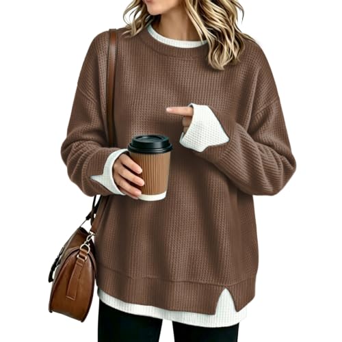 Crew Neck Sweatshirts Women Waffle Long Sleeve Oversized Sweatshirt Fall - image 1