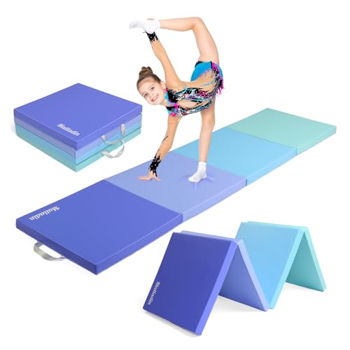 Bonnlo Tapis de Gymnastique Pliable à 4 Panneaux Violet et Bleu, 240 x 60x 5 cm, PU + EPE Épaissi, Tapis de Sport avec Poignée de Transport, Tapis de Sol...