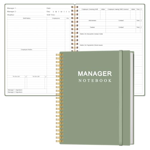 Image of Manager Notebook - Manager's Log Book Planner Management Logbook, Spiral Bound, Inner Pocket, 8.2'' X 10.5", Green